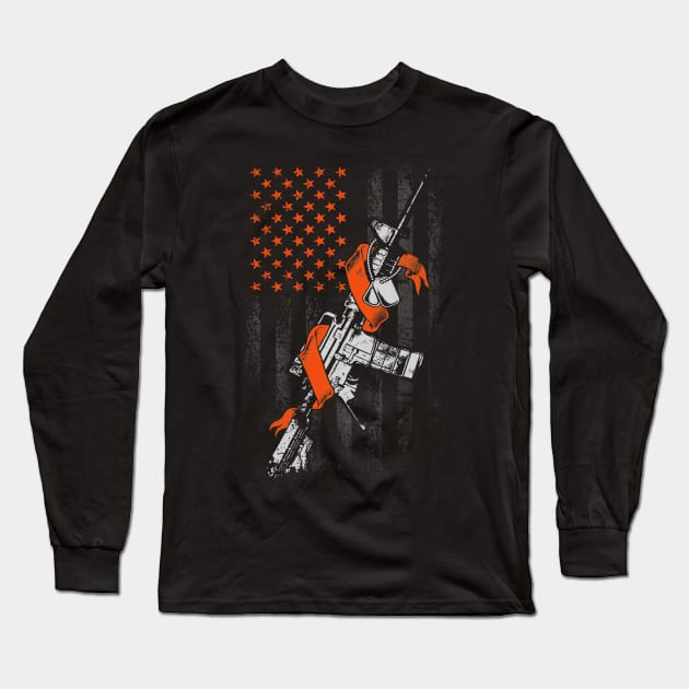 Flag American Ribbon Military Hunger Awareness Orange Ribbon Warrior Long Sleeve T-Shirt by celsaclaudio506